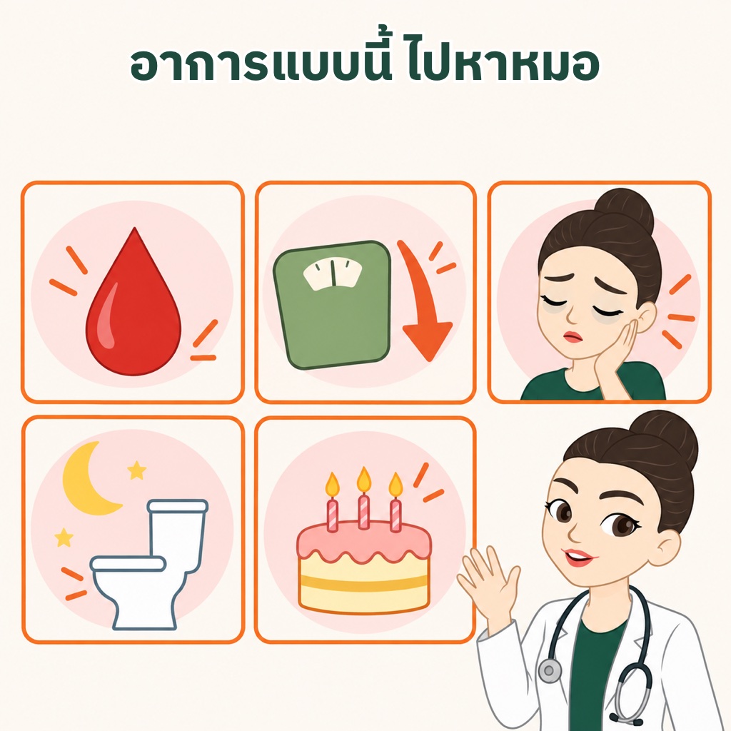 อาการที่ไม่ใช่แค่ลำไส้แปรปรวนควรพบแพทย์ ถ่ายเป็นเลือด น้ำหนักลดโดยไม่ตั้งใจ ซีดเหนื่อยง่าย ตื่นมาถ่ายกลางดึก อายุเกิน 50 ปีและยังไม่เคยตรวจคัดกรอง