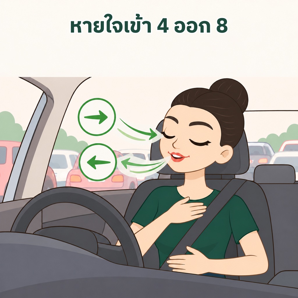 ปวดท้องกลางทางด่วนให้หายใจช้าๆ หายใจเข้านับ 1 ถึง 4 หายใจออกนับ 1 ถึง 8 ทำซ้ำ 5 ถึง 10 รอบ คลายเข็มขัด แล้วหาจุดแวะที่ใกล้ที่สุด