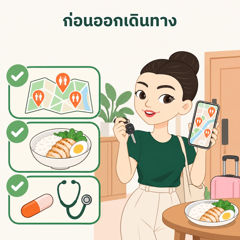 เตรียมตัวก่อนเดินทาง 3 ข้อสำหรับคนลำไส้แปรปรวน วางแผนจุดแวะห้องน้ำ กินมื้อเบาท้องเช่นข้าวสวยกับอกไก่ย่างและไข่ต้ม และปรึกษาแพทย์เรื่องยา