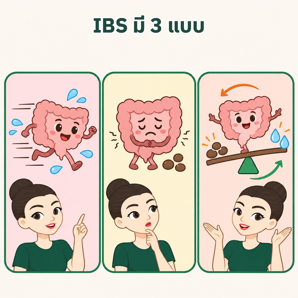 ลำไส้แปรปรวน 3 แบบ IBS-D ท้องเสียเด่น IBS-C ท้องผูกเด่น IBS-M ท้องผูกสลับท้องเสีย