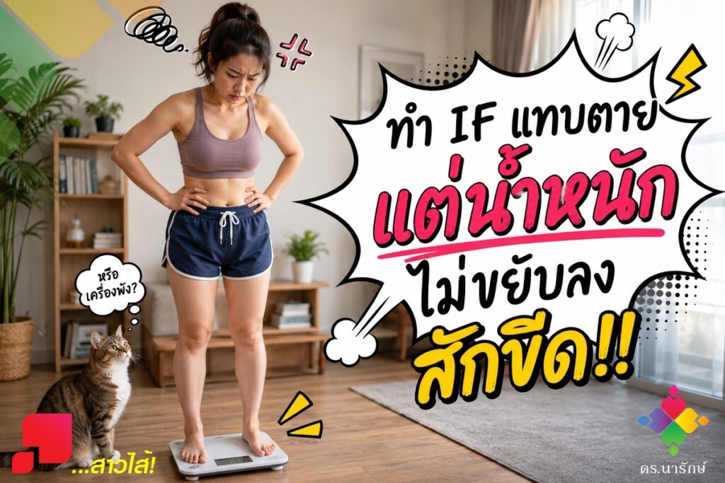 หญิงสาวยืนบนตาชั่งท่าทางเครียด ทำ IF แทบตายแต่น้ำหนักไม่ลง