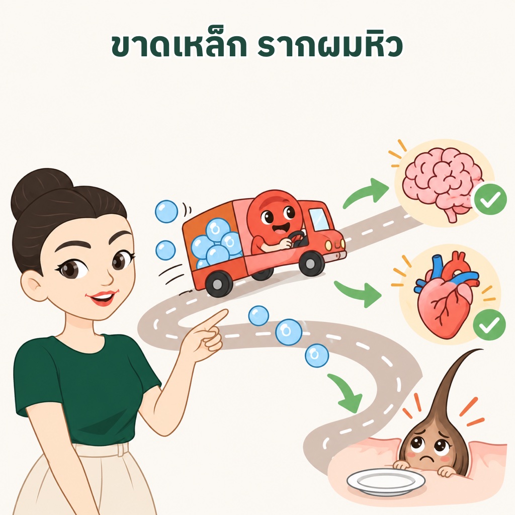 ขาดธาตุเหล็กแล้วผมร่วง เพราะเหล็กใช้สร้างฮีโมโกลบินขนส่งออกซิเจน ร่างกายส่งให้สมองและหัวใจก่อน รากผมจึงได้ส่วนแบ่งน้อยลง