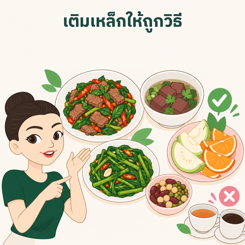 อาหารเติมธาตุเหล็ก เนื้อแดง ตับ เลือดหมู ผักใบเขียว ถั่ว กินคู่ส้มและฝรั่งช่วยดูดซึม และดื่มชากาแฟห่างมื้ออาหาร