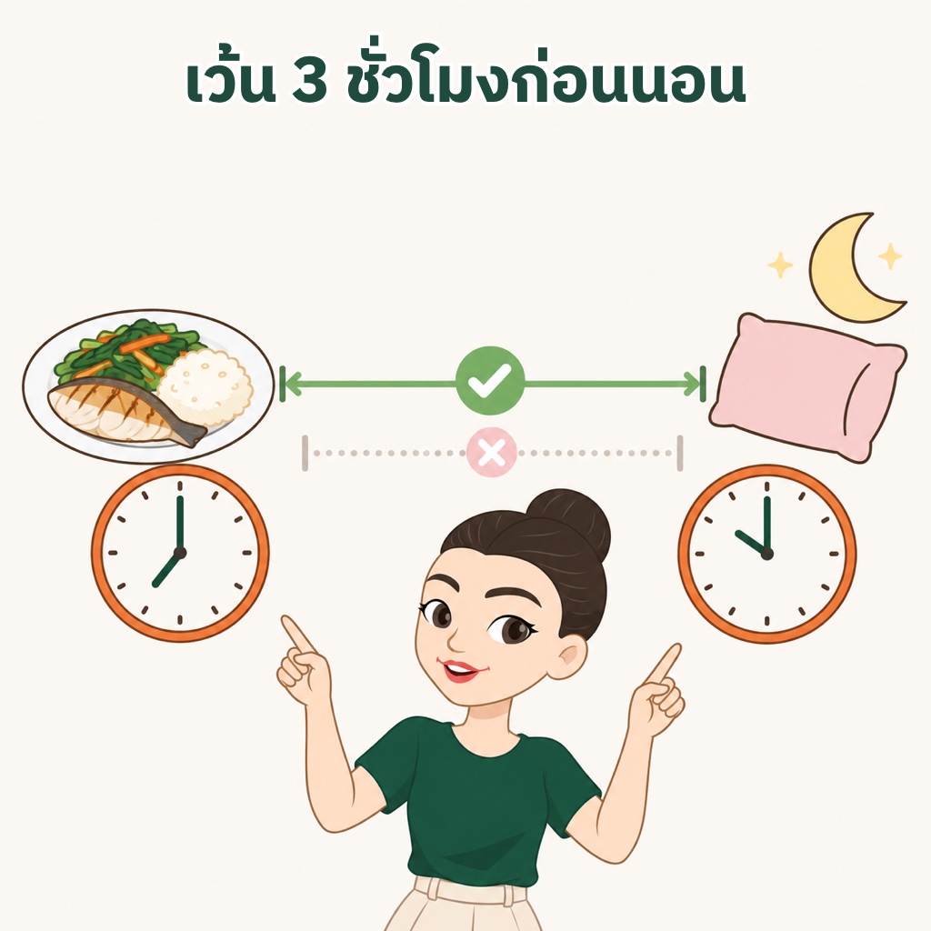 ควรกินมื้อสุดท้ายก่อนนอนอย่างน้อย 3 ชั่วโมง ถ้าทำได้ 4 ชั่วโมง เช่น มื้อเย็นปลาย่างผัดผักตอน 1 ทุ่ม แล้วเข้านอน 4 ทุ่ม