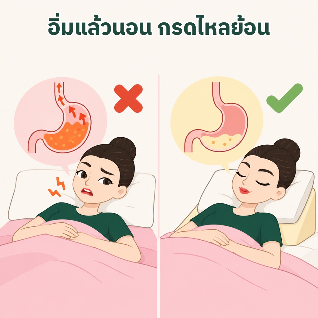 อิ่มแล้วนอนทันทีกระเพาะเต็ม หูรูดหลอดอาหารรับแรงดันจนกรดไหลย้อนง่าย เทียบกับเว้นมื้อก่อนนอน กระเพาะว่าง นอนหนุนหมอนสูงสบายกว่า