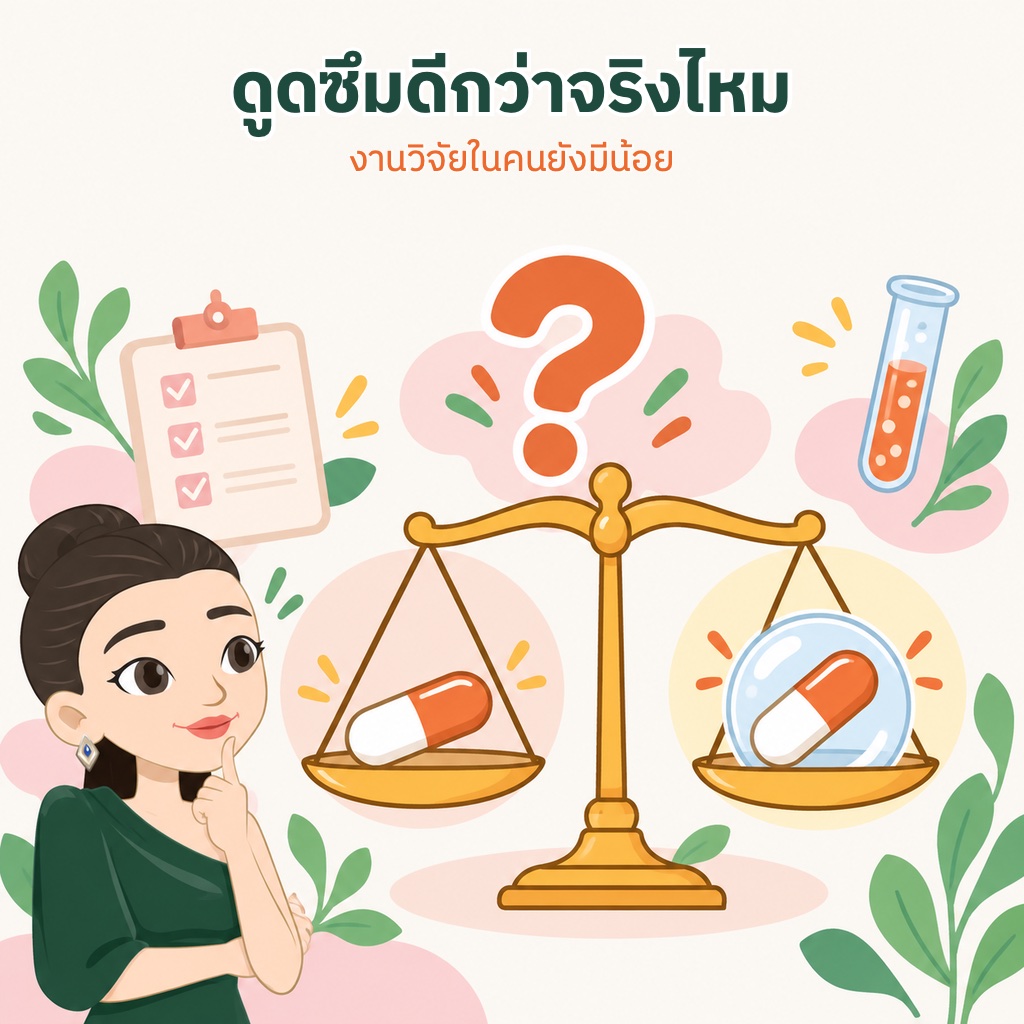 ตาชั่งเทียบแคปซูลธรรมดากับแคปซูลในฟองไลโปโซม มีเครื่องหมายคำถามอยู่เหนือตาชั่ง