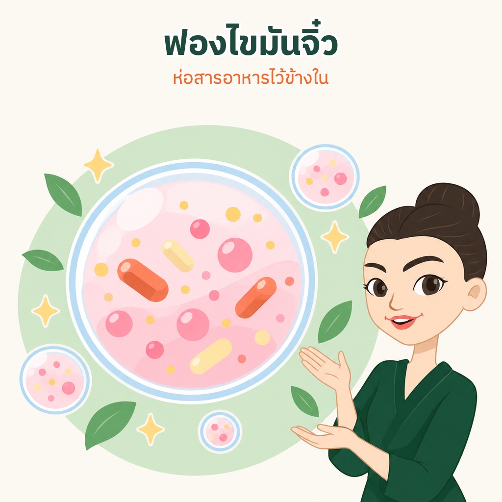 ภาพตัดขวางของไลโปโซมเป็นฟองกลมสองชั้น มีสารอาหารเล็กๆ อยู่ข้างใน
