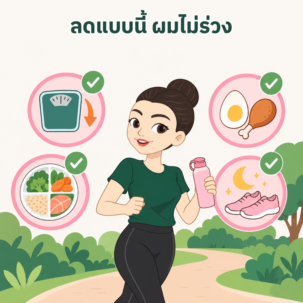 ลดน้ำหนักไม่ให้ผมร่วง ลดสัปดาห์ละ 0.5 ถึง 1 กิโลกรัม มีโปรตีนทุกมื้อ ใช้จานสุขภาพ 2 ต่อ 1 ต่อ 1 ไม่ตัดอาหารทั้งหมู่ ออกกำลังพอดีและนอนให้พอ