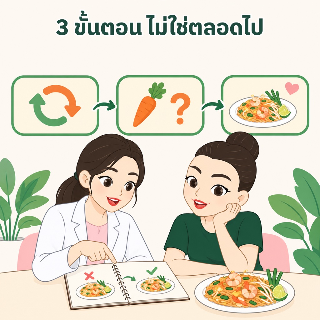 3 ขั้นตอน Low FODMAP สลับอาหาร 2 ถึง 6 สัปดาห์ ทดลองกลับมากินทีละกลุ่ม และปรับเป็นสูตรของตัวเอง ทำร่วมกับนักกำหนดอาหาร