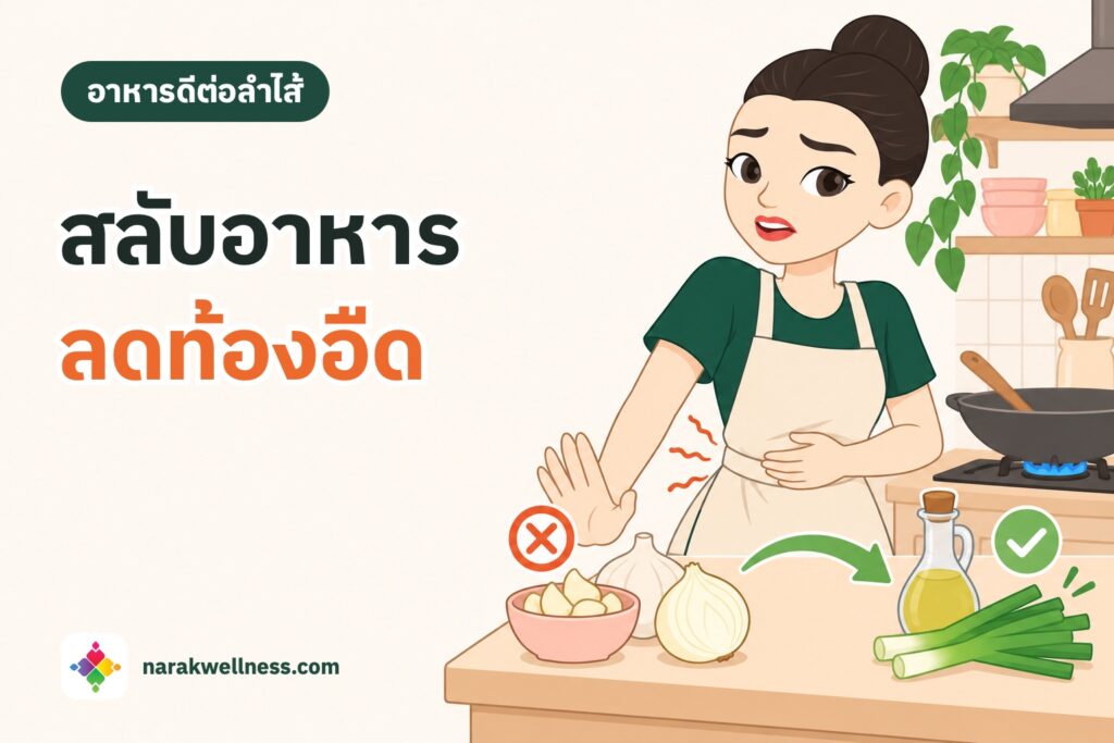 อาหาร Low FODMAP สำหรับคนท้องอืดง่าย ผู้หญิงไทยจับท้องที่อืด ผลักกระเทียมกับหอมใหญ่ออก แล้วเลือกน้ำมันกระเทียมและต้นหอมส่วนใบแทน