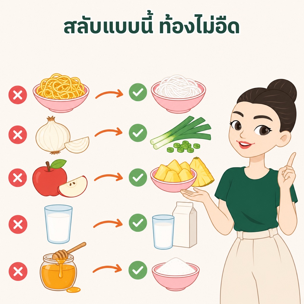 สลับอาหาร High FODMAP เป็น Low FODMAP แบบไทย บะหมี่เหลืองเป็นเส้นเล็ก หอมใหญ่เป็นต้นหอมส่วนใบ แอปเปิลเป็นสับปะรด นมวัวเป็นนมแลคโตสฟรี น้ำผึ้งเป็นน้ำตาลทราย