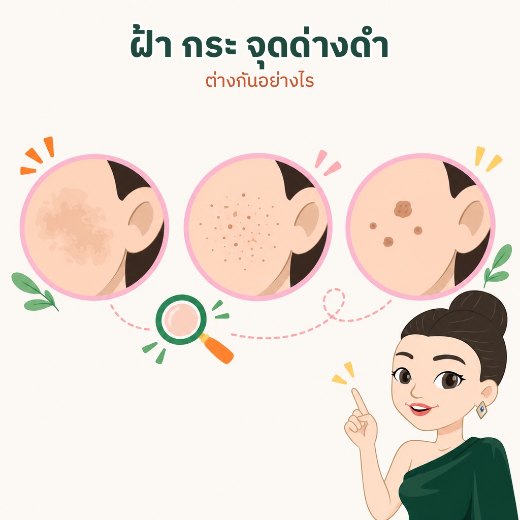 ผิวแก้มสามแบบเปรียบเทียบ ฝ้าเป็นปื้น กระเป็นจุดเล็กกระจาย และจุดด่างดำเป็นจุดเข้ม