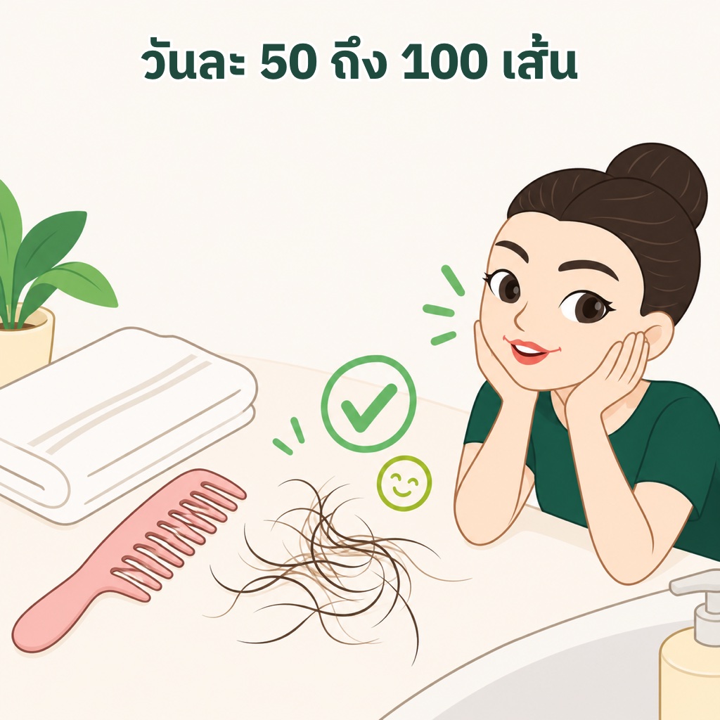 ผมร่วงวันละ 50 ถึง 100 เส้นยังปกติ ถ้าผมโดยรวมยังหนาเท่าเดิม วันสระผมอาจเห็นผมหลุดมากกว่าวันอื่น