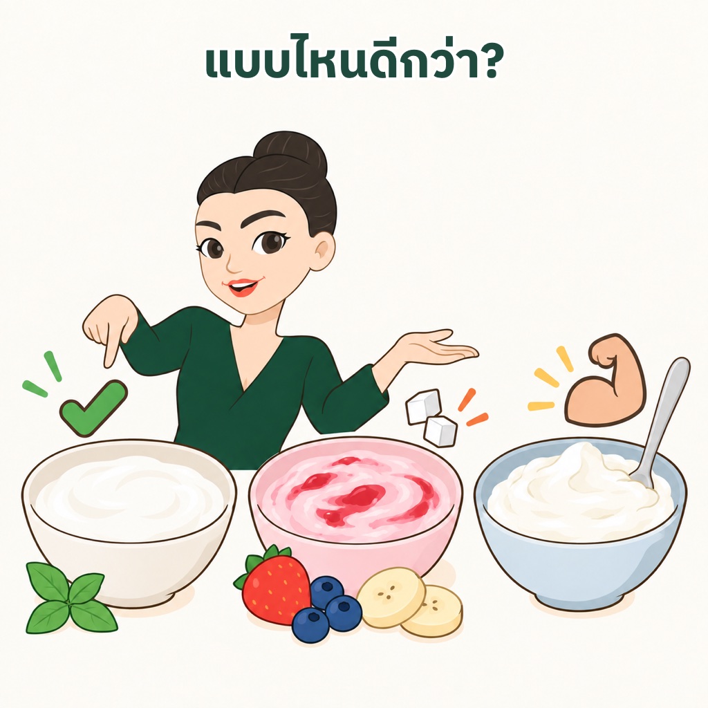 เปรียบเทียบโยเกิร์ตรสธรรมชาติ โยเกิร์ตรสผลไม้ที่หวานกว่า และกรีกโยเกิร์ตที่โปรตีนสูง
