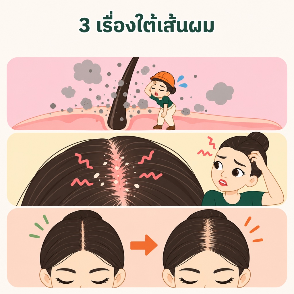 ฝุ่น PM 2.5 ทำร้ายผม 3 ทาง รบกวนโปรตีนที่สั่งสร้างเส้นผม กระตุ้นหนังศีรษะอักเสบและคัน และอาจทำให้ผมบางลงในระยะยาว