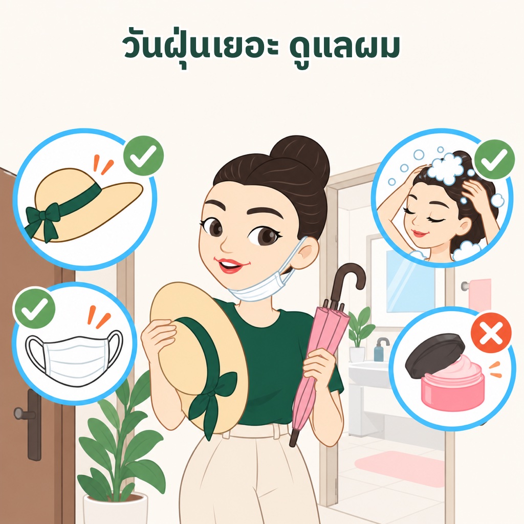 ดูแลหนังศีรษะช่วงฝุ่น PM 2.5 สูง ใส่หมวกหรือกางร่ม กลับบ้านแล้วสระผมด้วยแชมพูอ่อนโยน พักเจลและออยล์เนื้อหนัก และใส่หน้ากากกันฝุ่น