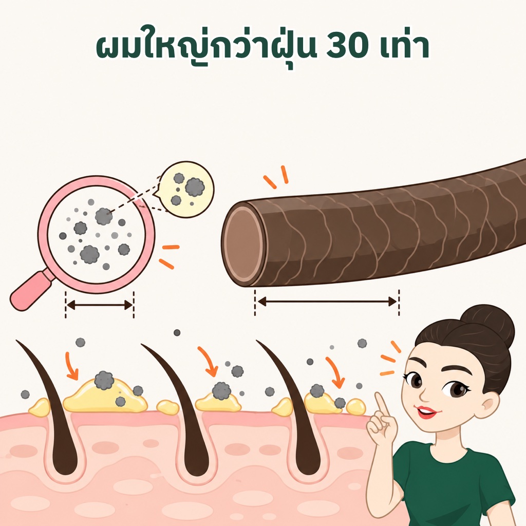 ฝุ่น PM 2.5 เล็กไม่เกิน 2.5 ไมครอน ส่วนเส้นผมหนาราว 70 ไมครอน ใหญ่กว่าฝุ่นราว 30 เท่า น้ำมันบนหนังศีรษะจึงดักฝุ่นไว้ได้ง่าย