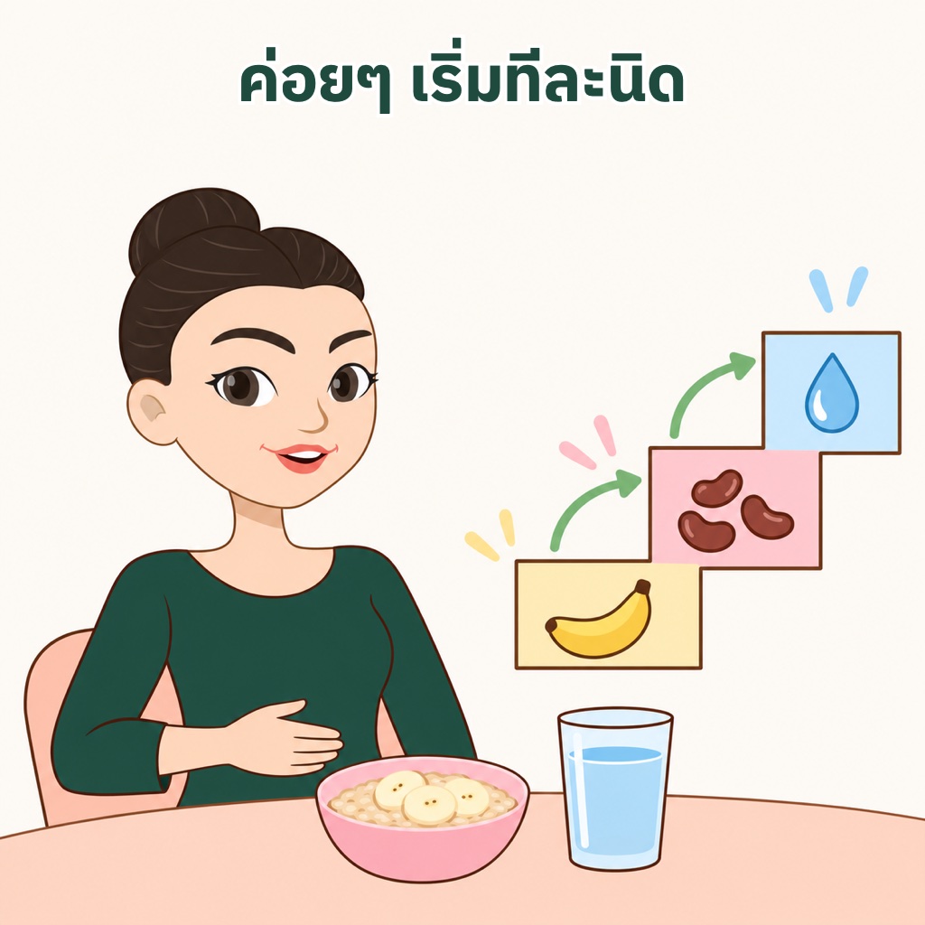 คนลำไส้แปรปรวนเริ่มกินอาหารพรีไบโอติกทีละน้อย ข้าวโอ๊ตกับกล้วยและน้ำเปล่า