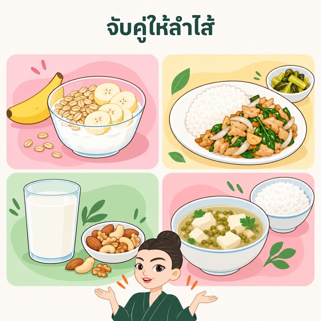 จับคู่โพรไบโอติกกับพรีไบโอติกแบบไทย 4 มื้อ โยเกิร์ตกับกล้วย ผักดองเครื่องเคียง คีเฟอร์กับถั่ว ต้มจืดเต้าหู้