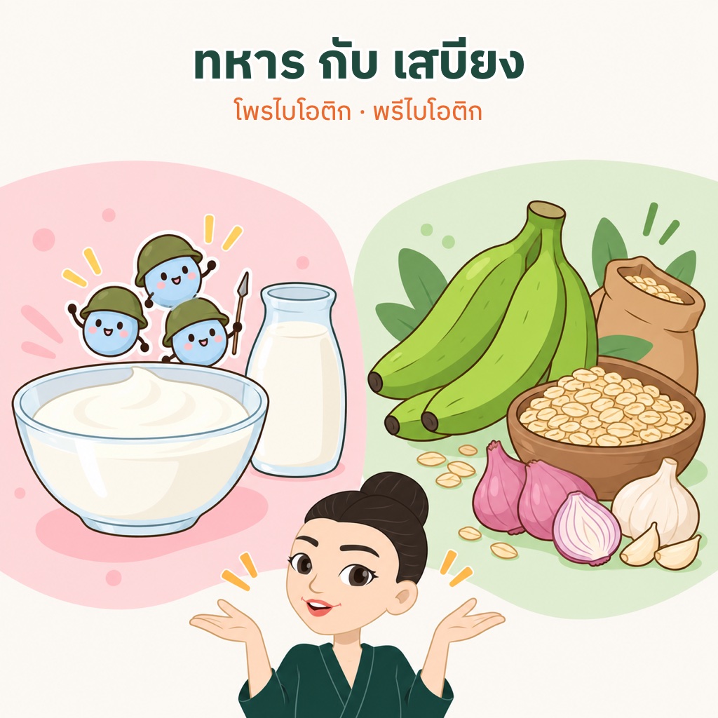 เปรียบเทียบโพรไบโอติก เช่น โยเกิร์ต คีเฟอร์ กับพรีไบโอติก เช่น กล้วยห่าม ข้าวโอ๊ต หอม กระเทียม