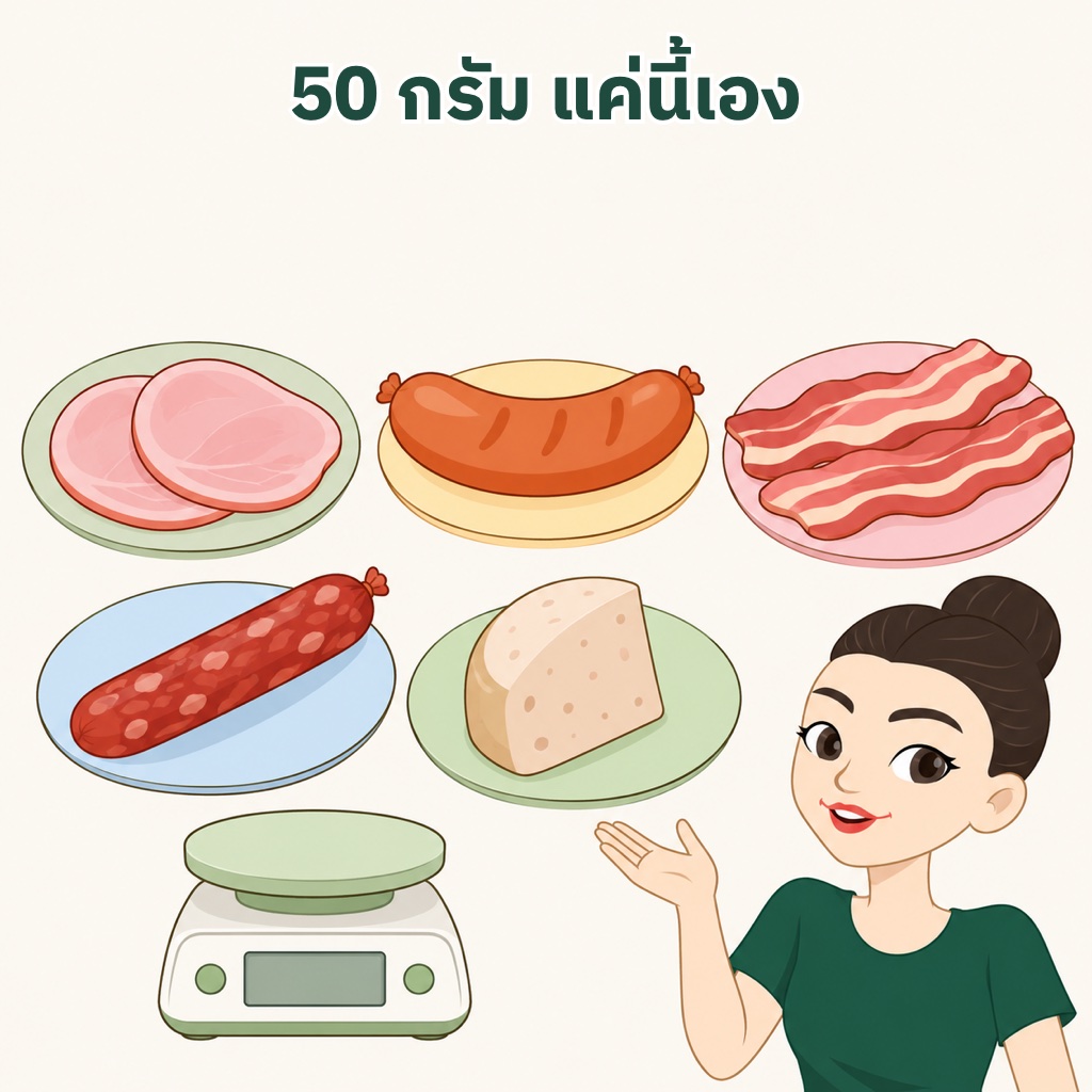 เนื้อสัตว์แปรรูป 50 กรัม เท่ากับแฮมแผ่นบาง 2 แผ่น ไส้กรอกชิ้นใหญ่ 1 ชิ้น เบคอน 4 ถึง 6 ชิ้น กุนเชียง 1 เส้นกว่า หรือหมูยอราว 1 ใน 4 แท่ง
