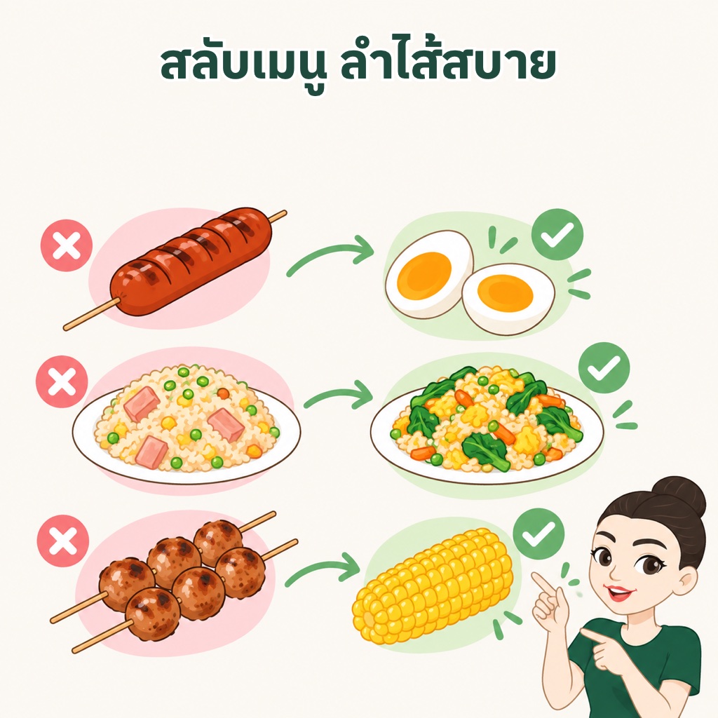 สลับเมนูเนื้อสัตว์แปรรูป ไส้กรอกเป็นไข่ต้ม ข้าวผัดแฮมเป็นข้าวผัดไข่ใส่ผัก ลูกชิ้นปิ้งตอนดึกเป็นข้าวโพดต้ม กินเนื้อสัตว์แปรรูปเป็นของนานๆ ที