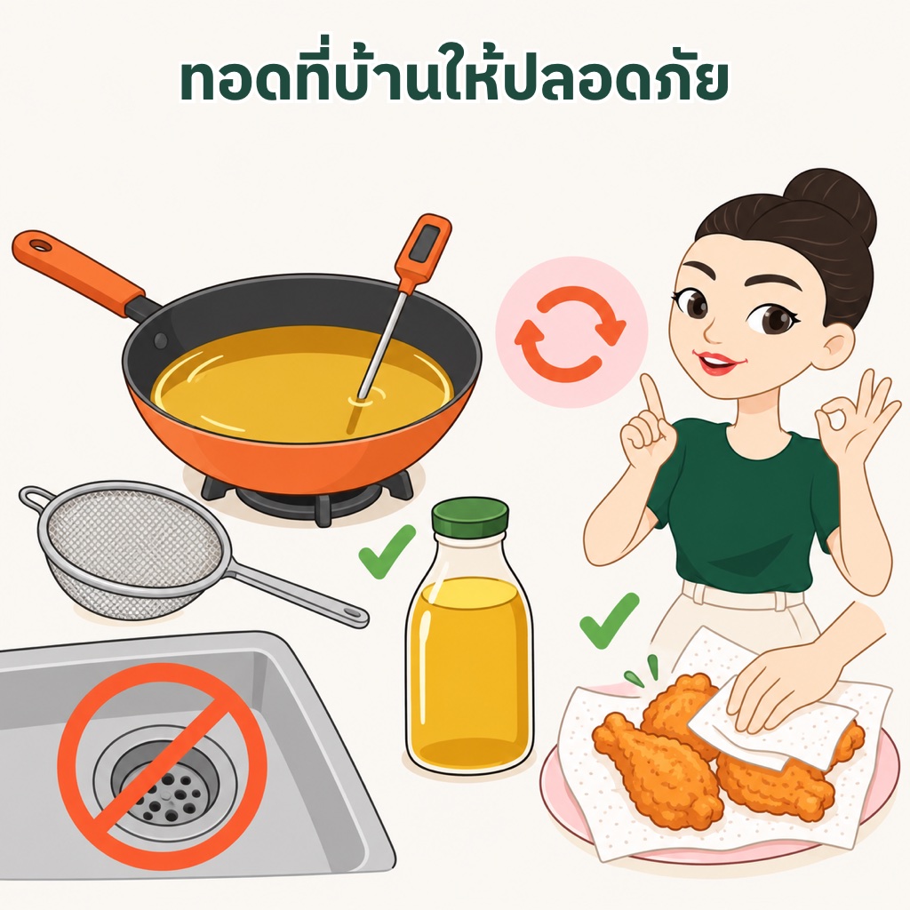 ทอดที่บ้านให้ปลอดภัยขึ้น คุมอุณหภูมิ 160 ถึง 180 องศา ใช้น้ำมันซ้ำไม่เกิน 2 ครั้ง ไม่เติมน้ำมันใหม่ผสม กรองแล้วเก็บในขวดแก้วปิดสนิท และห้ามเทน้ำมันลงท่อ