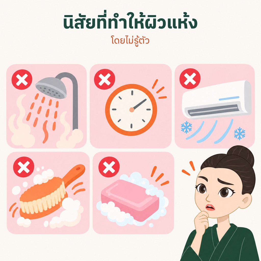 ห้านิสัยที่ทำให้ผิวแห้ง น้ำอุ่นจัด อาบนานเกินไป แอร์เย็น ขัดผิวแรง และสบู่แรง