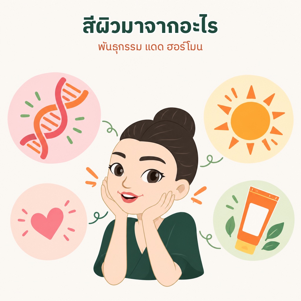 ใบหน้าตรงกลางล้อมด้วยไอคอนพันธุกรรม แดด ฮอร์โมน และครีมกันแดด