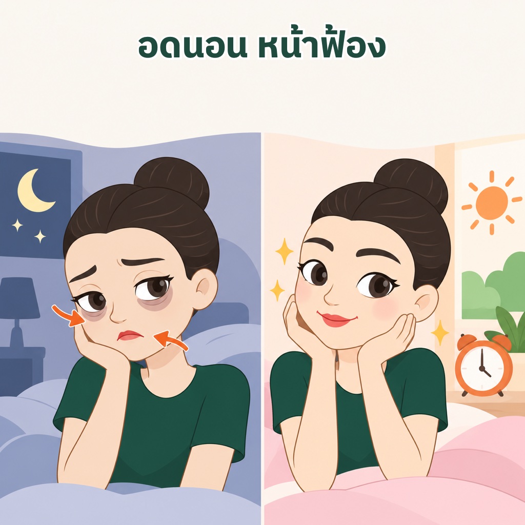 อดนอนหน้าฟ้อง ผิวซีด ขอบตาคล้ำ เปลือกตาตก มุมปากตก เทียบกับหน้าสดใสหลังนอนหลับ 7 ชั่วโมงขึ้นไป