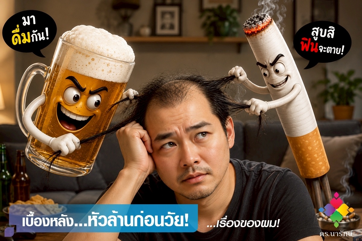 ชายวัยทำงานกุมศีรษะ มีแก้วเบียร์และบุหรี่การ์ตูนดึงผม สื่อว่าบุหรี่และแอลกอฮอล์ทำให้ผมร่วงและหัวล้านก่อนวัย