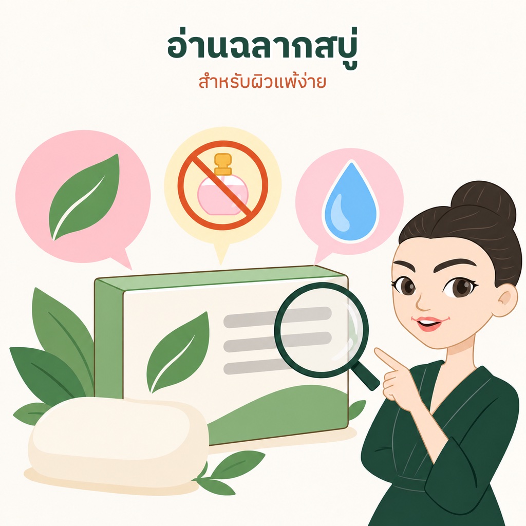 กล่องสบู่และแว่นขยาย มีไอคอนใบไม้ ขวดน้ำหอมที่ถูกขีดฆ่า และหยดน้ำ