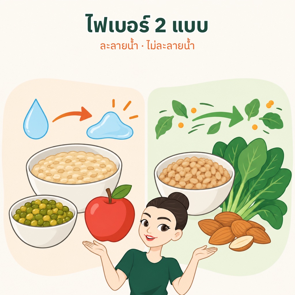 ไฟเบอร์ละลายน้ำจากข้าวโอ๊ต ถั่วเขียว แอปเปิล กับไฟเบอร์ไม่ละลายน้ำจากข้าวกล้อง ผักใบเขียว ถั่วเปลือกแข็ง ลำไส้ต้องการทั้งสองแบบ