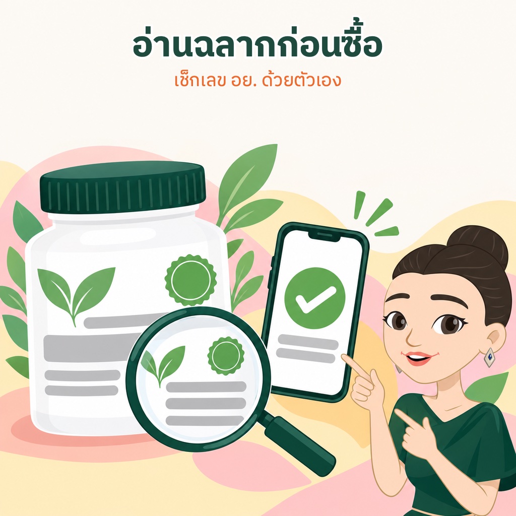 ฉลากอาหารเสริมใต้แว่นขยาย และมือถือที่แสดงเครื่องหมายถูกจากการตรวจเลข อย.