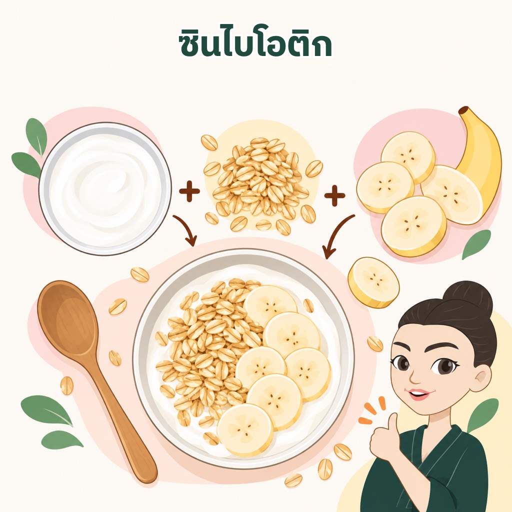 ซินไบโอติกแบบง่าย โยเกิร์ตรสธรรมชาติโรยข้าวโอ๊ตและกล้วยห่าม