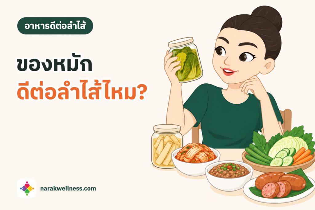 อาหารหมักแบบไทยดีต่อลำไส้จริงไหม ผู้หญิงไทยถือขวดผักกาดดอง บนโต๊ะมีหน่อไม้ดอง กิมจิ น้ำพริกปลาร้าต้มสุก และแหนมย่าง