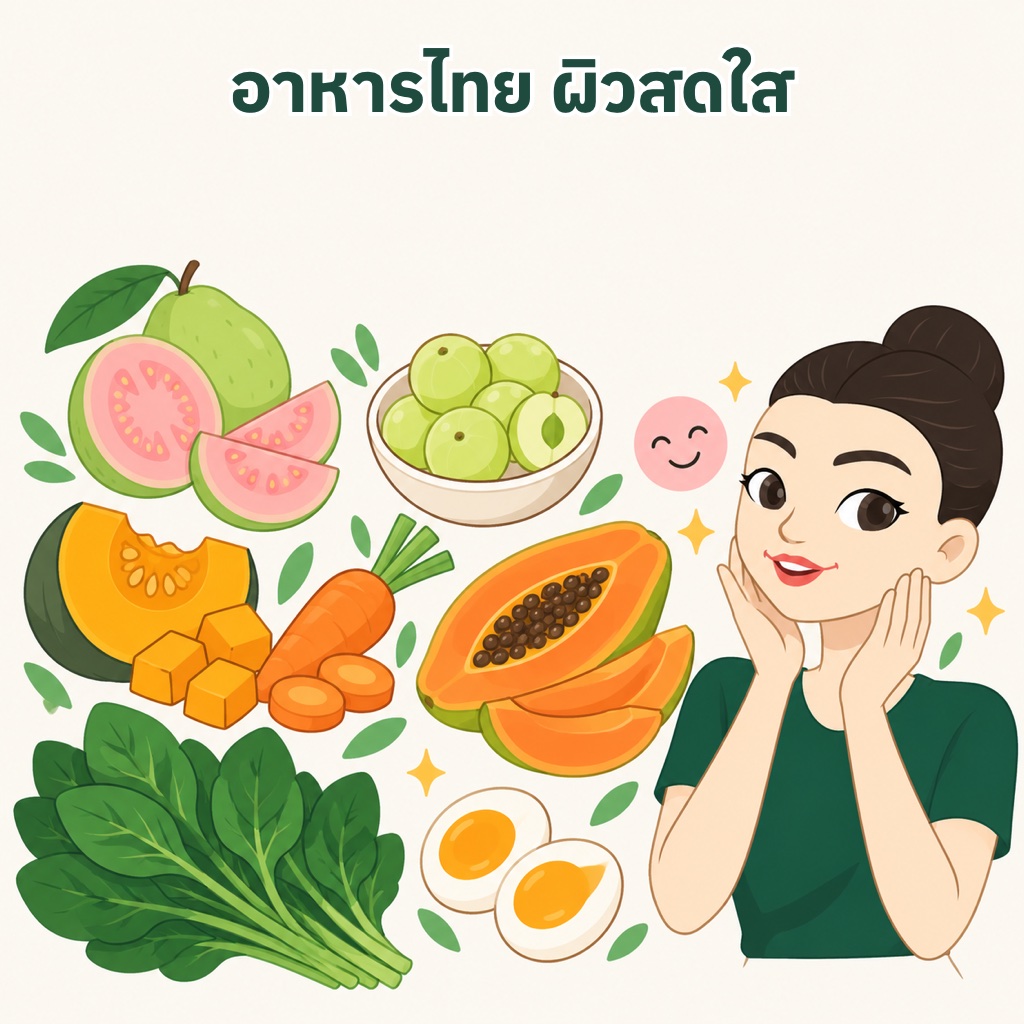 อาหารไทยช่วยผิวสดใส วิตามินซีจากฝรั่งและมะขามป้อม แคโรทีนอยด์จากฟักทอง แครอท มะละกอ ผักใบเขียว และธาตุเหล็กจากไข่แดง