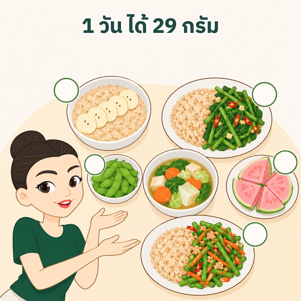 เมนูไทย 1 วันได้ไฟเบอร์ราว 29 กรัม ข้าวโอ๊ตกับกล้วยหอม ข้าวกล้องผัดผักบุ้ง ฝรั่งครึ่งผล ข้าวกล้องกับผัดถั่วแขก และถั่วแระญี่ปุ่นต้ม