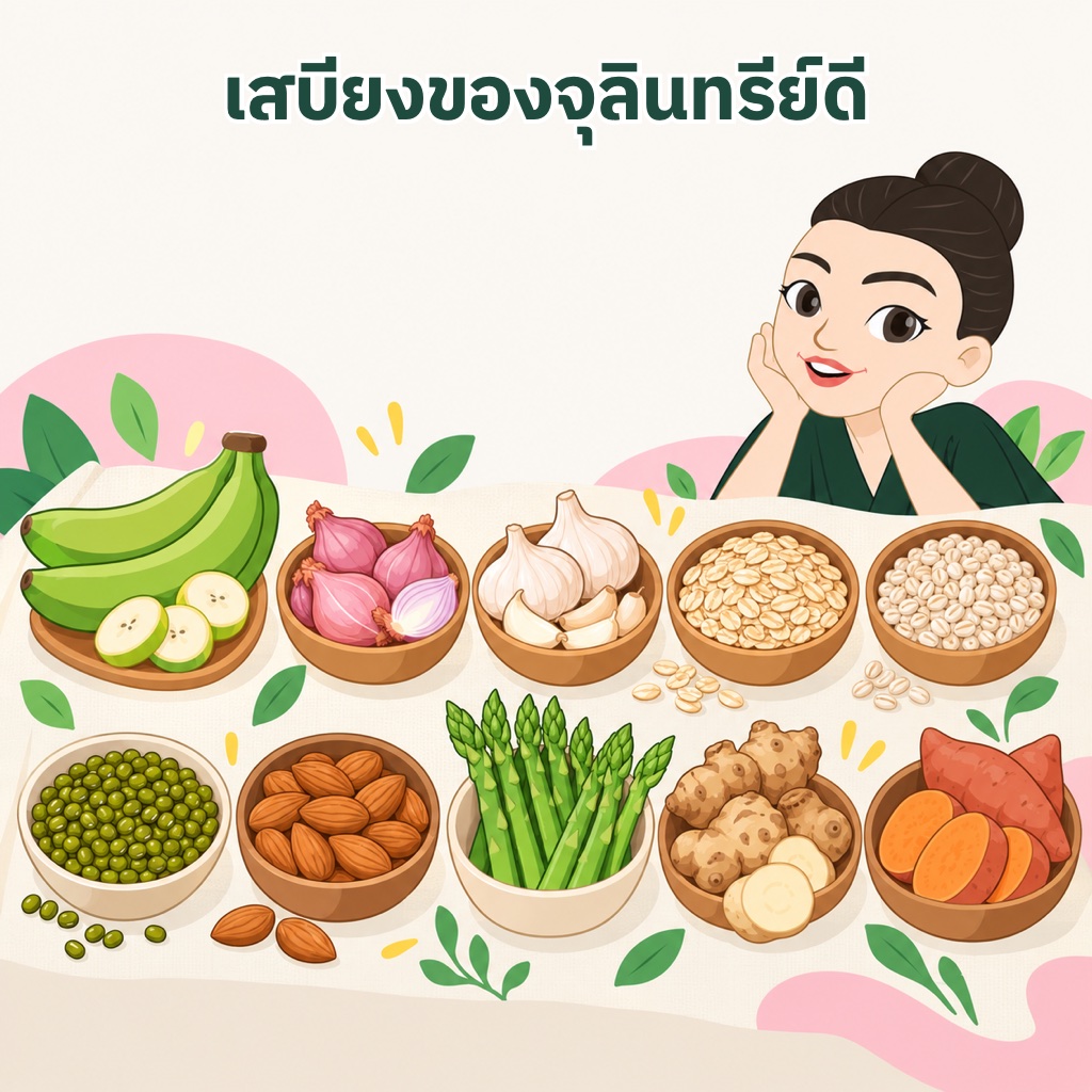 อาหารพรีไบโอติก 10 อย่าง กล้วยห่าม หอมแดง กระเทียม ข้าวโอ๊ต ข้าวบาร์เลย์ ถั่วเขียว อัลมอนด์ หน่อไม้ฝรั่ง แก่นตะวัน มันเทศ