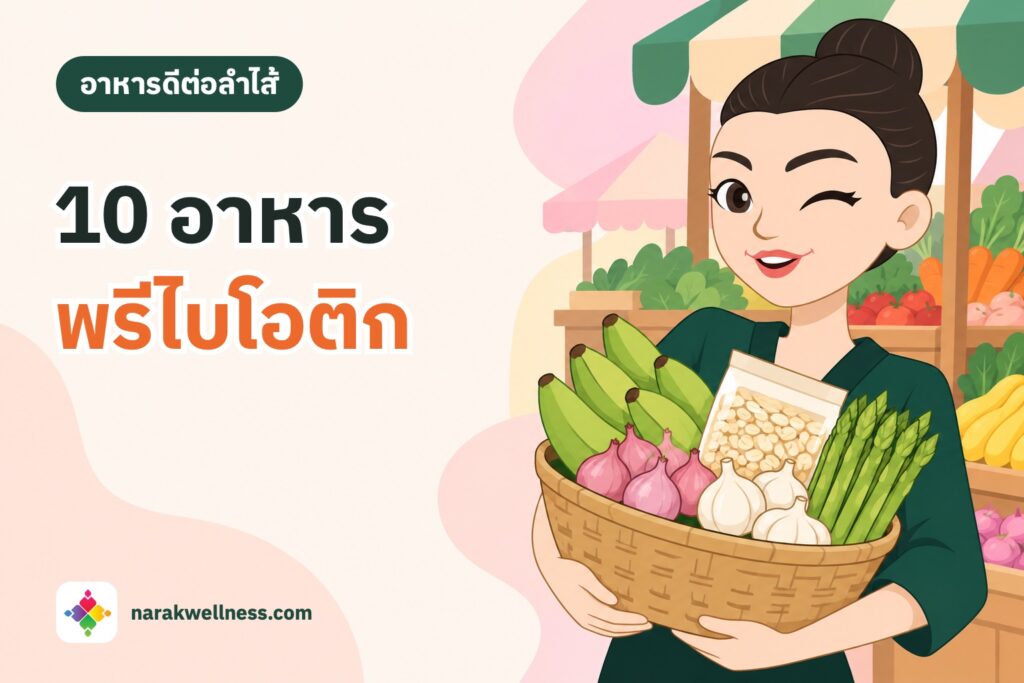 ผู้หญิงไทยถือตะกร้ากล้วยห่าม หอมแดง กระเทียม หน่อไม้ฝรั่ง และข้าวโอ๊ต ที่ตลาดสด อาหารพรีไบโอติกหาง่ายในไทย