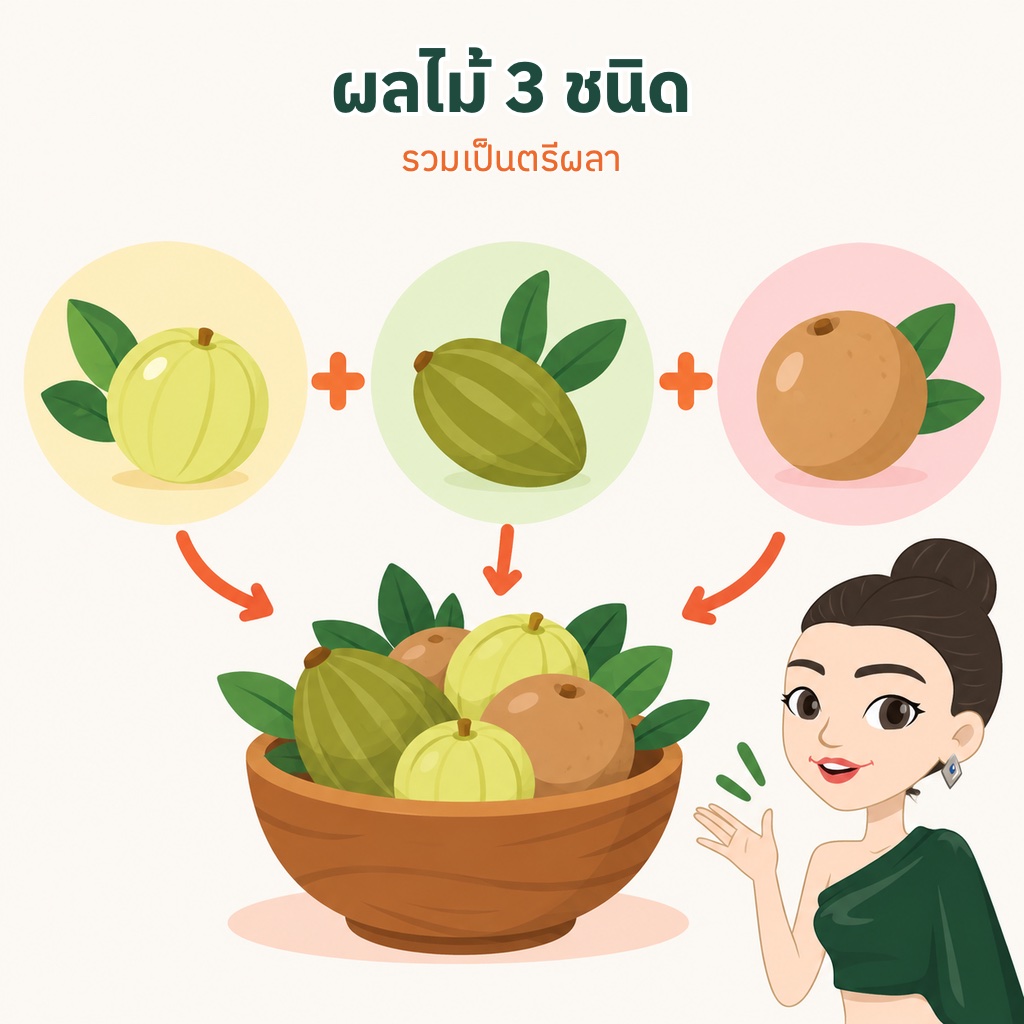 ผลไม้สามชนิดคือมะขามป้อม สมอไทย และสมอพิเภก รวมกันเป็นตรีผลา