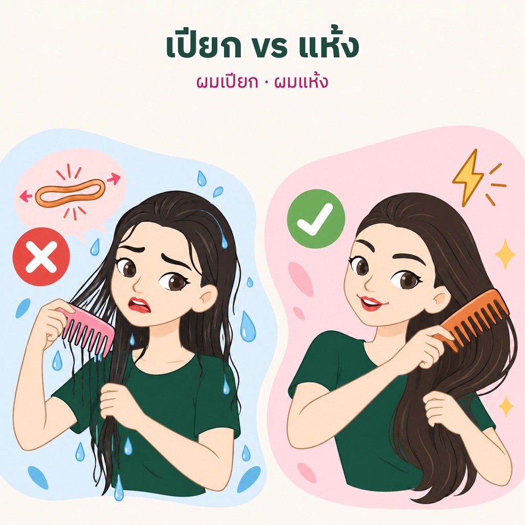 เปรียบเทียบหวีผมตอนเปียกกับตอนแห้ง ผมเปียกยืดง่ายและขาดง่าย ผมแห้งแข็งแรงกว่าแต่ต้องระวังไฟฟ้าสถิตและการแปรงแรง