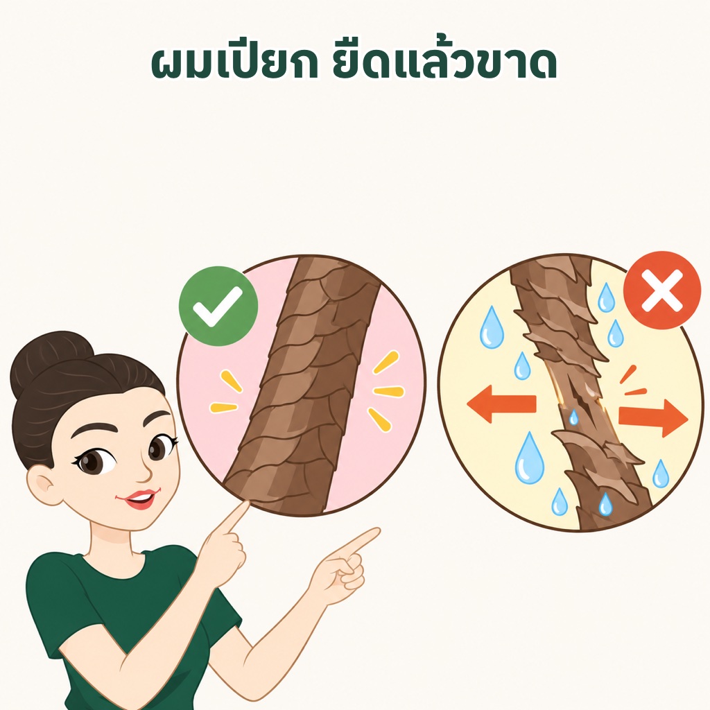 ทำไมผมเปียกขาดง่าย น้ำคลายพันธะไฮโดรเจนในเคราติน เส้นผมยืดเหมือนหนังยางและขาดกลางเส้น เกล็ดผมพองตัวและเสียดสีกับซี่หวี
