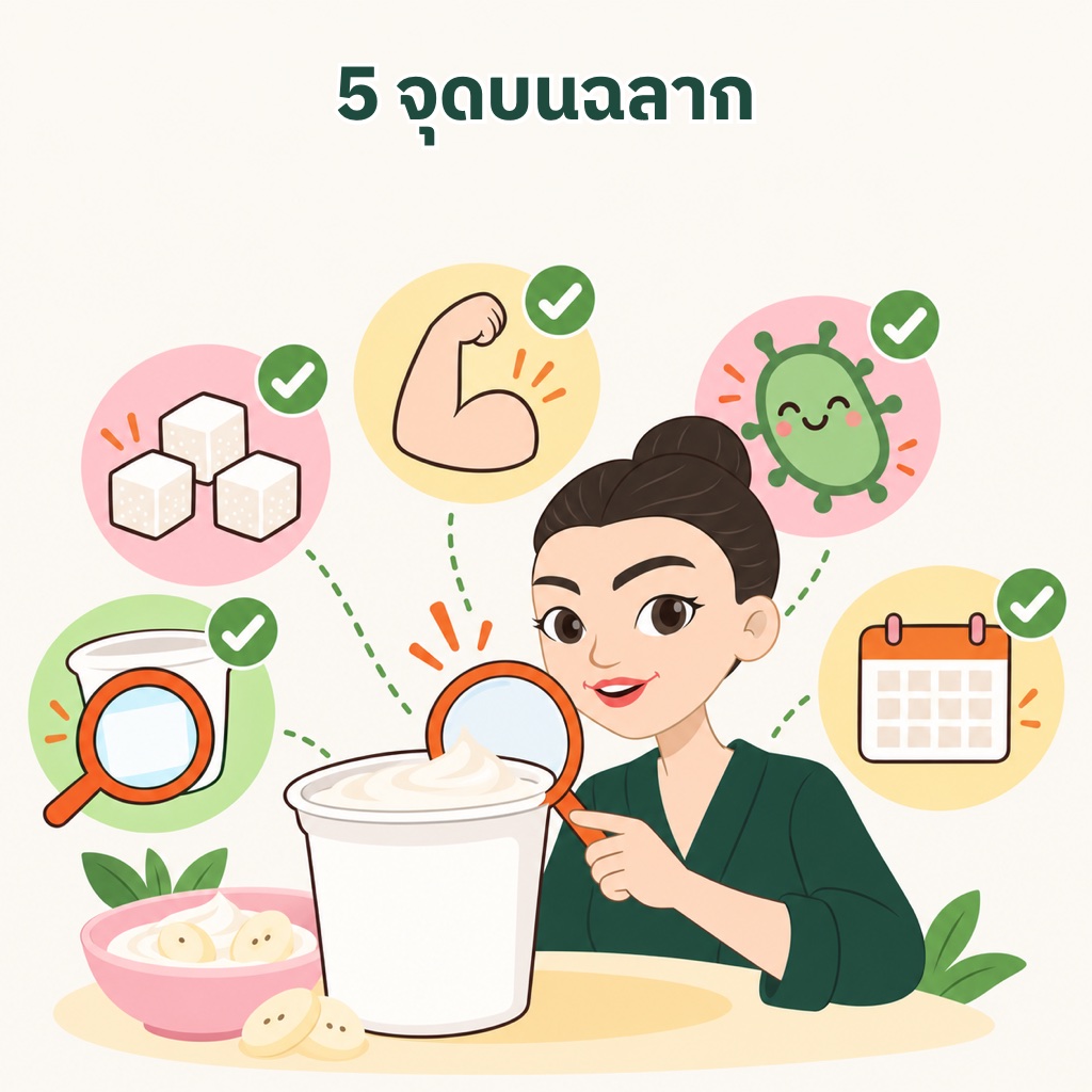 5 จุดบนฉลากโยเกิร์ตที่ต้องดู จุลินทรีย์มีชีวิต น้ำตาลต่อถ้วย ส่วนประกอบ สัญลักษณ์ทางเลือกสุขภาพ การแช่เย็นและวันหมดอายุ